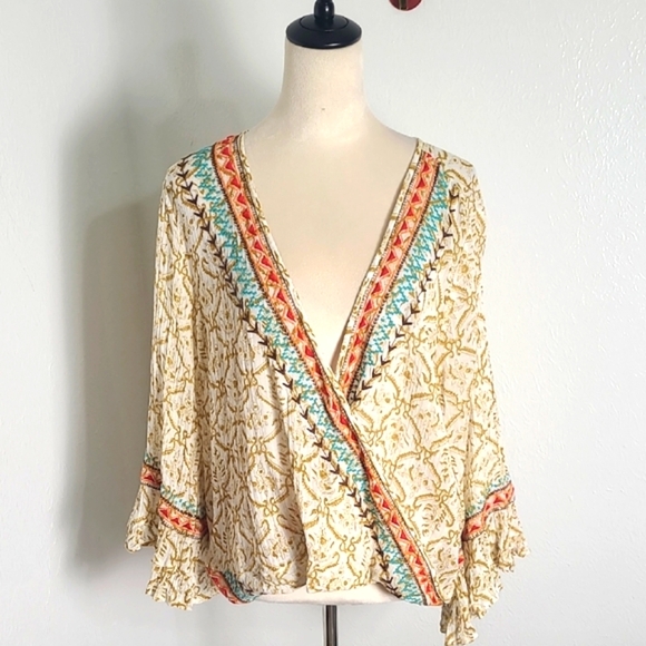 Ivy Jane Bohemian Cream/Gold Print Wrap Top, Colorful Embroidered Accents, Large - Picture 1 of 10